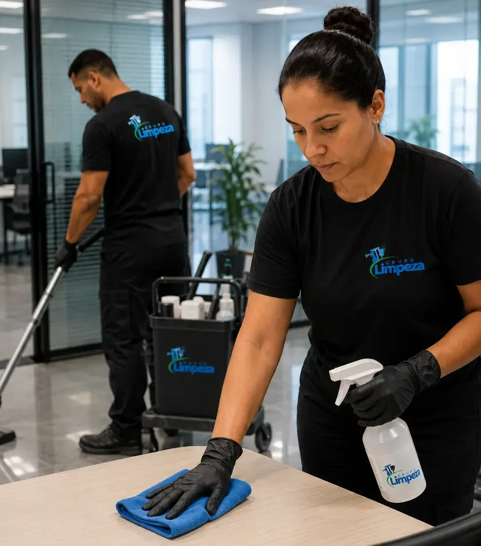 Equipe do Grupo Limpeza uniformizada trabalhando em escritório corporativo
